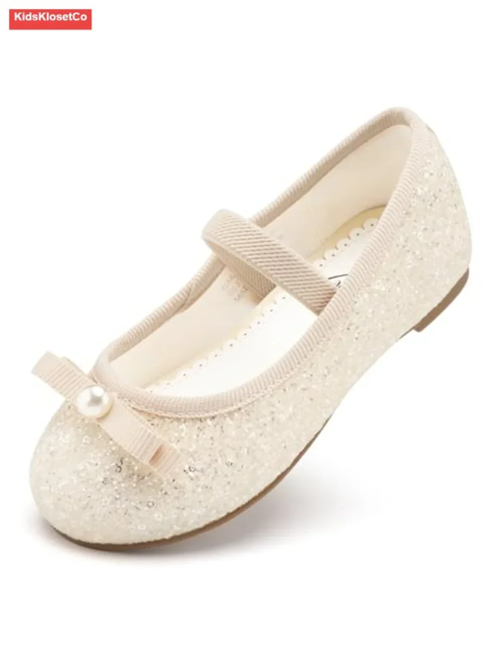 Girls Glitter Ballet Flats with Pearl Bow for Party Wedding Flower Girl